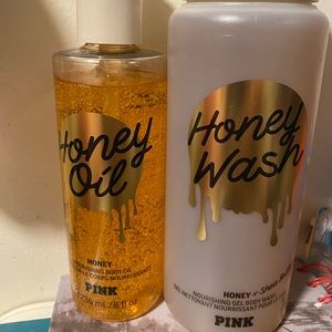 Pink (Victorias Secret) brand body wash and body oil.